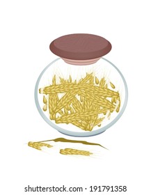 Vegetable, An Illustration of Golden Ripe Wheats in A Glass Jar, Good Source of Vegetable Protein. 