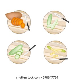 Vegetable, Illustration of Orange Sweet Potatoes, Cucumber and Baby Corns on Wooden Cutting Boards.