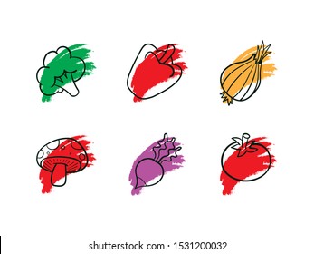 a vegetable illustration with outlines and splashes of color. consisting of broccoli, peppers, onions, tomatoes, turnips and mushrooms