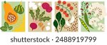 Vegetable illustration pack: hand-drawn, cute vector vegetarian food. Squash with bulgur, parsnip, feta cheese and walnuts, lentils with spinach and vine tomatioe, green beans, cauliflower and red kid