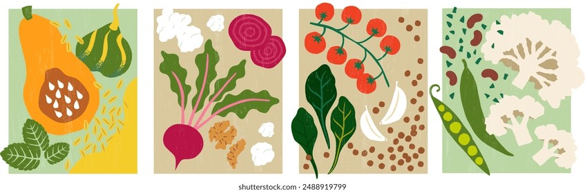 Vegetable illustration pack: hand-drawn, cute vector vegetarian food. Squash with bulgur, parsnip, feta cheese and walnuts, lentils with spinach and vine tomatioe, green beans, cauliflower and red kid