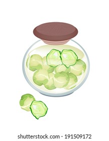 Vegetable, An Illustration of Pickled Brussels Sprout in Brine of Vinegar and Salt in A Glass Jar Isolated on White Background. 