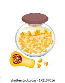 Vegetable, An Illustration of Pickled Butternut Pumpkin or Butternut Squash in Brine of Vinegar and Salt in A Glass Jar Isolated on White Background. 