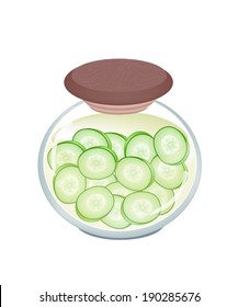 Vegetable, An Illustration of Pickled Marrow or Cucumber in Brine of Vinegar and Salt in A Glass Jar Isolated on White Background. 