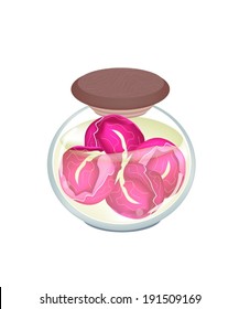Vegetable, An Illustration of Pickled Red Cabbage or Purple Cabbage in Brine of Vinegar and Salt in A Glass Jar Isolated on White Background. 