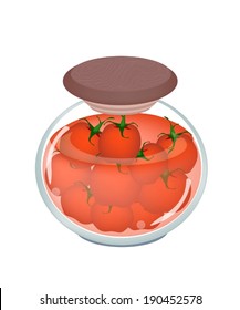 Vegetable, Illustration of Pickled Red Tomatoes or Preserved Red Tomatoes in Brine of Vinegar, Sugar and Salt in Glass Jar. 