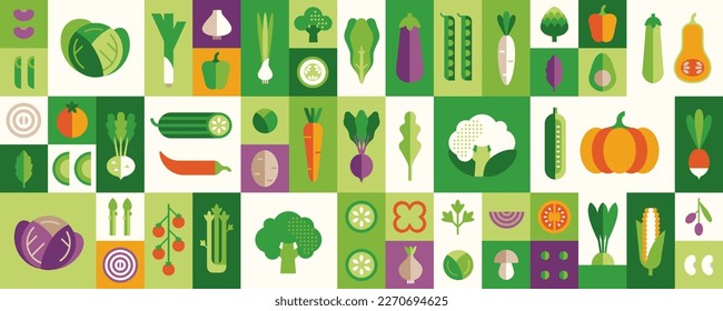 Vegetable illustration set: cabbage, broccoli, cucumber, tomato, zucchini, eggplant, carrot. Fresh healthy food. Vector icons in flat geometric style.