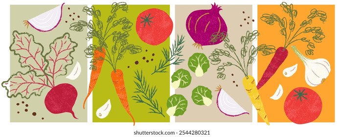 Conjunto de ilustração vegetal - desenhado à mão, ilustrações vetoriais de vegetais terrosos coloridos.