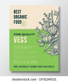 Vegetable Illustration Vector Food Packaging Design or Label Template. Farm Grown Meal Banner. Modern Typography and Hand Drawn Vegetables and Herbs Sketch Background Layout.