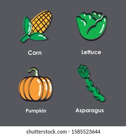 Vegetable images made with thick stroke. Fun food drawing. Pumpkin, asparagus, lettuce and corn. Editable vector.