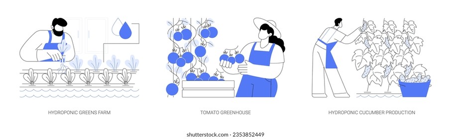 Vegetable industry abstract concept vector illustration set. Hydroponic leafy greens farm, farmer growing tomatos in greenhouse, cucumber production, food manufacturing abstract metaphor.