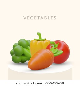 Vegetable ingredients for dishes. Vegetarian menu. Realistic illustration in cartoon style. Advertising of local products. Concept for farmers, suppliers, shops