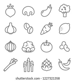Vegetable ingredients line icon vector set. Including Carrot, Tomato, Chilies, Asparagus, Artichokes, Onion, Radish and more