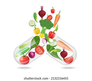 Vegetable Inside Transparent Capsule Open. Rich In Vitamin And Supplements. Natural Products Containing Dietary Fiber And Minerals Healthy. IV Drip Vitamin. Realistic 3D Vector.