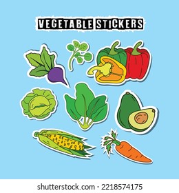 Vegetable isolated Stickers vector icon design containing Turnip, Capsicum, Pepper, Avocado, Carrot, Watercress, Cabbage, Corn, and Spinach