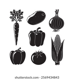 vegetable items carrot, a potato, an onion, a bell pepper, a tomato, and a corn cob