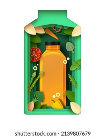 Vegetable juice 3d vector. Healthy food and drink. Detox smoothie, fresh diet beverage. Bottle with veggie paper cut design. Advertising template