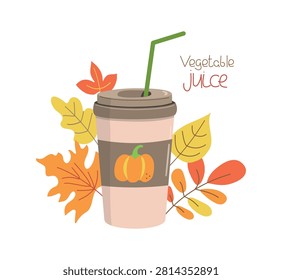 Vegetable juice. Natural fresh pumpkin drink in a disposable cup. Autumn, fall foliage. Food and drink, harvest. Hand lettering.