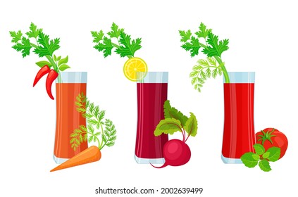 Vegetable juices from carrots, beets and tomatoes. Vegetable smoothies, cocktails. Concept of healthy eating, vegetarianism, lifestyle, diet and weight loss. Vector isolated on white background. 