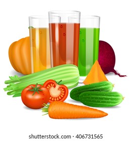 Vegetable juices. Cucumber, tomato, carrot, pumpkin, beets and celery. Natural vegetable drink, healthy organic food. Realistic vector illustration