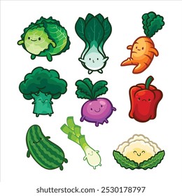 pflanzliches Kawaii-Illustrationssatz für Elementgrafik