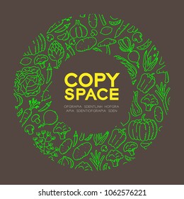 Vegetable kids hand drawing set pattern background in circle frame illustration isolated on brown color background, with center copy space