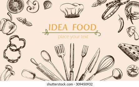 vegetable and kitchenware drawing cover web ,retro background vector illustration 
