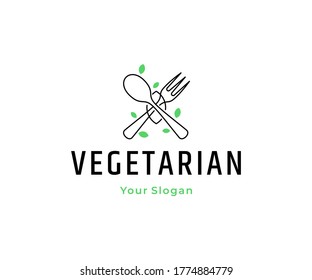 Vegetable Leaf with spoon fork logo design vector icon template