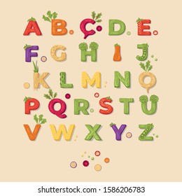 Vegetable lettering alphabet design on a light background. Vector illustration.