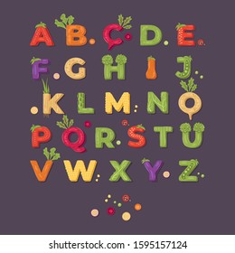 Vegetable lettering alphabet design on a dark background. Vector illustration.