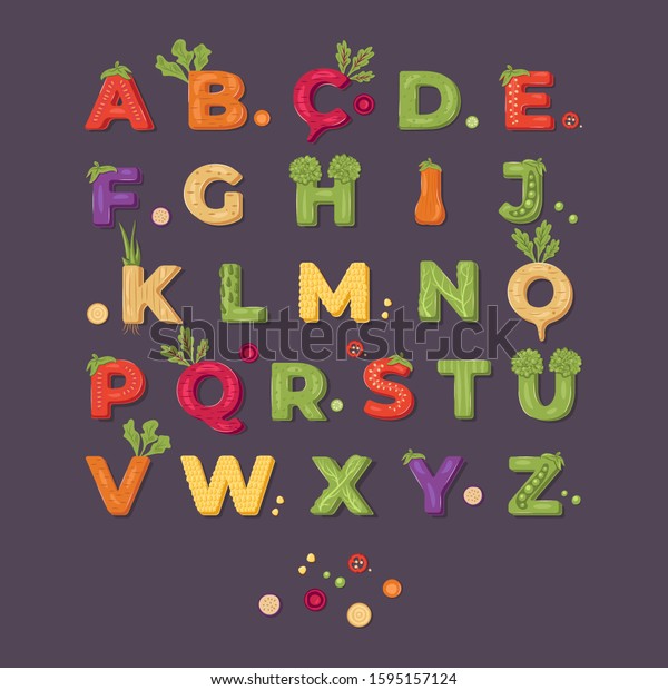 Vektor Stok Vegetable Lettering Alphabet Design On Dark (Tanpa Royalti