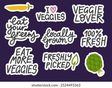 Conjunto de pegatinas de letras vegetales. Frases motivacionales escritas a mano sobre una dieta vegetariana saludable de alta calidad. Perfecto para el embalaje de entrega de verduras, etiquetas.