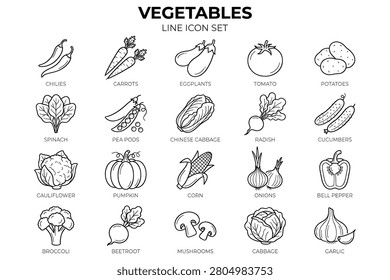 Vegetable line icon set featuring chili, carrots, eggplants, tomatoes, potatoes, spinach, peas, chili peppers, radishes, corn, cauliflower, pumpkin, bell peppers, broccoli, beets, mushrooms, cabbage