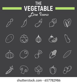 Vegetable line icon set, food symbols collection, vegetarian vector sketches, logo illustrations, linear pictograms package isolated on black background, eps 10.