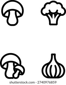 Vegetable Line Icon Set – Mushroom Broccoli Garlic Outline Vector Collection