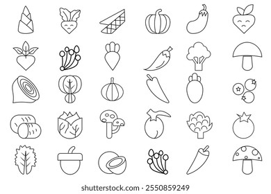 Vegetable line icon, symbol, silhouette set design. Vegetable icon, vector set. Tomato, mushroom, carrot, chili, beetroot, potato, lettuce, cabbage and more icons. Vector illustration.