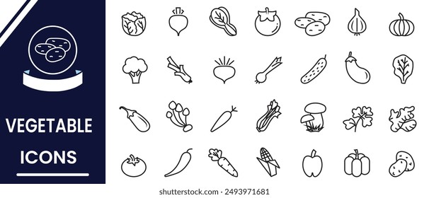 Vegetable line icon, vector, silhouette set. Vegetable icon set. Simple vector icons of tomato, cucumber, cauliflower, onion, ginger, carrot, radish, mushroom, cabbage. Outline vegetable icons  set.
