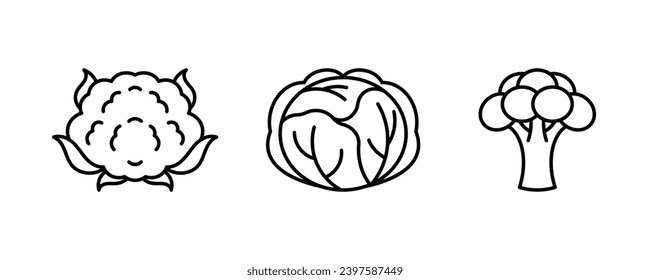 Vegetable line icons - cauliflower, cabbage, broccoli. Edible green plants.  Different type of cabbages. Minimalist simple linear illustration. Editable icons, thin line