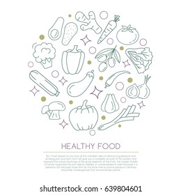 Vegetable Line Icons Set Circle Shape. Healthy Vegetarian Food Outline Objects.