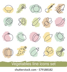 Conjunto de iconos de línea vegetal. Colección de iconos de vegetales en estilo de línea delgada.