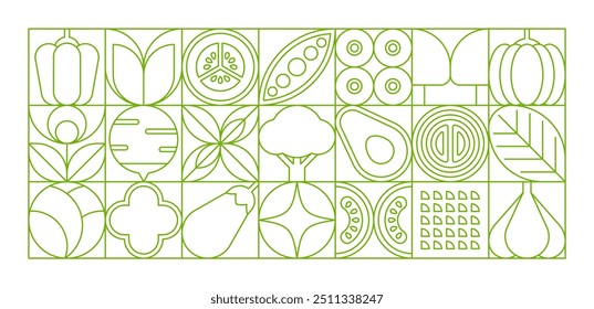 Vegetable line modern geometric pattern. Vector outline blocks with vegan foods. Tomato, mushroom, beetroot and pumpkin, cabbage garlic, avocado and eggplant or pea pod, healthy greens background