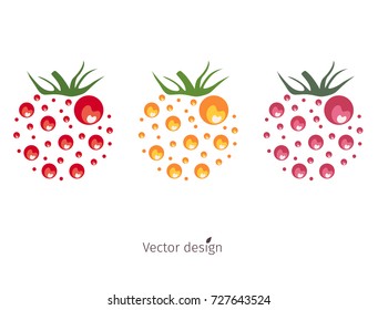 Vegetable logo, red, rose and yellow tomato with green leaves, vector design.