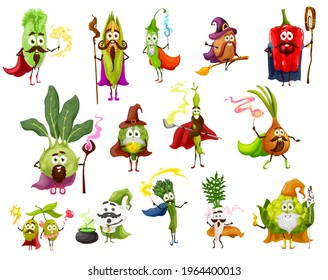 Mago vegetal, bruja, mago y personajes de caricatura de hadas. Pimienta vectora, cebolla, daikon y frijoles, oliva, setas, espárragos y maíz, col china y coliflor romanesco con varas mágicas