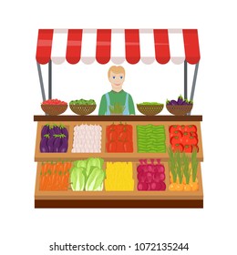Vegetable market on a white background. The seller at the counter. Set of vegetables: eggplant, onion, garlic, pepper, tomato, cucumber, carrots, cabbage, corn, beet. Hand drawing. Vector illustration