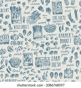 Vegetable market sketch seamless pattern with lettering. Farm product, organic healthy food in box and basket. Tomato, fruit, onion, pumpkin, cabbage, potato, corn, eggplant, leek, carrot, beet.