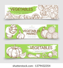 Vegetable markets horizontal banners template with vector sketch vegetables. Web banner with vegetable market, onion and cabbage illustration