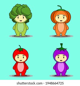 Vegetable Mascot character sets like broccoli, pumpkin, tomato, and eggplant are great for web icons, shirt prints, and so on.
