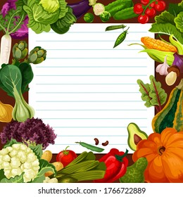 Vegetable meal salad recipe vector template. Radish and artichoke, cabbage and cauliflower, brussels sprout, potato and tomato, pumpkin, onion and mushroom. Piece of paper with vegetables