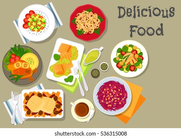 Vegetable, meat and fish salads menu icon of baked fish in cream sauce, mushroom and beet salads, cod with olive and pepper, salmon avocado salad, chicken olive salad, stuffed fish with nuts