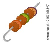 Vegetable and meat kebab on skewer. Grilled BBQ food with veggies and pork. Meat on metal stick. Flat vector illustration isolated on white background